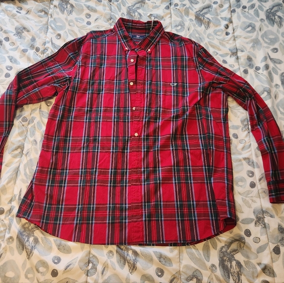 Vineyard Vines Red and Green Plaid Long Sleeve Men's Shirt - Picture 1 of 4